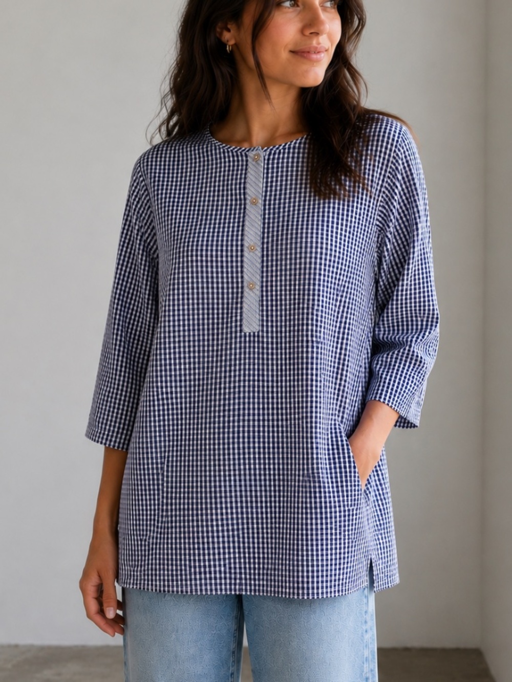 Gingham Cotton Blue White Tunic Top Pockets Coastal Cottage Small
